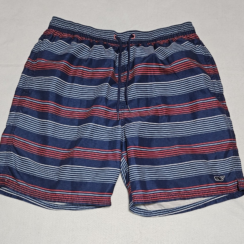 Vineyard Vines Bungalow Swim Trunks Mens Size M Cove Stripe Red White Blue Lined